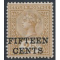 CEYLON - 1891 15c on 28c yellow-brown QV, MH – SG # 239