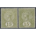 CEYLON - 1886 15c sage-green & olive-green QV, crown CA watermark, MH – SG # 196+197