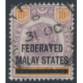 FEDERATED MALAY STATES - 1900 10c purple/orange Tiger of Perak with o/p, used – SG # 10