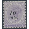 STRAITS SETTLEMENTS - 1880 10c on 6c lilac QV, crown CC watermark, MH – SG # 44