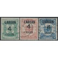 LABUAN - 1899 4c on 25c, 50c & $1 Coat of Arms set of 3, used – SG # 108-110