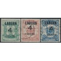 LABUAN - 1899 4c on 25c, 50c & $1 Coat of Arms set of 3, used – SG # 108-110