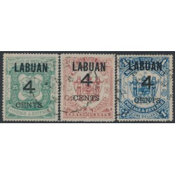 LABUAN - 1899 4c on 25c, 50c & $1 Coat of Arms set of 3, used – SG # 108-110