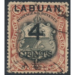 LABUAN - 1899 4c on 6c black/brown-lake Coat of Arms, perf. 15, used – SG # 103