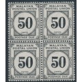 MALAY POSTAL UNION - 1938 50c black Postage Due in a block of 4, MNH – SG # D6
