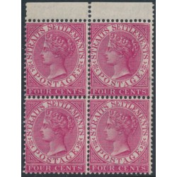 STRAITS SETTLEMENTS - 1899 4c deep carmine QV, crown CA watermark, block of 4, MH – SG # 98