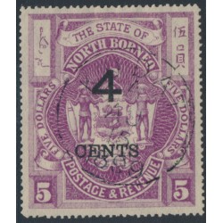NORTH BORNEO - 1899 4c on $5 purple Coat of Arms, used – SG # 125