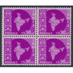 INDIA - 1958 90np purple Map of India, stars watermark, block of 4, MNH – SG # 385a
