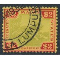 FEDERATED MALAY STATES - 1934 $2 green/red on yellow Tiger, script watermark, used – SG # 79