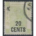 HONG KONG - 1891 20c on 30c yellowish green QV, crown CA watermark, used – SG # 48