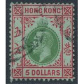 HONG KONG - 1917 $5 green/red on blue-green KGV, multi crown CA watermark, used – SG # 115b