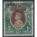 PAKISTAN - 1947 15R brown/green Indian KGVI, o/p PAKISTAN, used – SG # 18