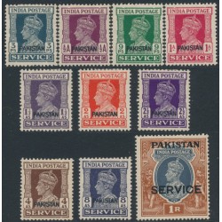 PAKISTAN - 1947 3p to 1R Indian KGVI set of 10, o/p SERVICE, MH – SG # O1-O10