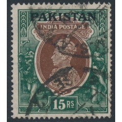 PAKISTAN - 1947 15R brown/green Indian KGVI, o/p PAKISTAN, used – SG # 18