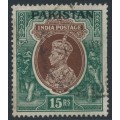 PAKISTAN - 1947 15R brown/green Indian KGVI, o/p PAKISTAN, used – SG # 18