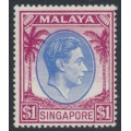 SINGAPORE - 1949 $1 blue/purple KGVI definitive, perf. 17½:18, MNH – SG # 28