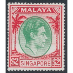 SINGAPORE - 1951 $2 green/scarlet KGVI definitive, perf. 17½:18, MNH – SG # 29