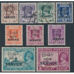 BURMA - 1947 3p to 8a KGVI set of 9, o/p SERVICE & Burmese Govt., used – SG # O41-O49