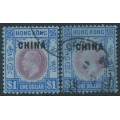 HONG KONG - 1917 $1 purple/blue KGV, o/p CHINA, both shades, used – SG # 13+13a