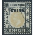 HONG KONG - 1920 50c black/blue-green KGV, white back, o/p CHINA, used – SG # 12a