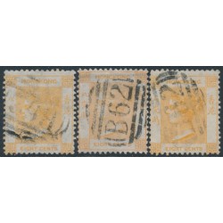 HONG KONG - 1864 8c orange QV in three shades, crown CC watermark, used – SG # 11+11a+11b