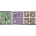 DENMARK - 1924 Post Office Anniversary set in blocks of 4, used – Facit # 201-212