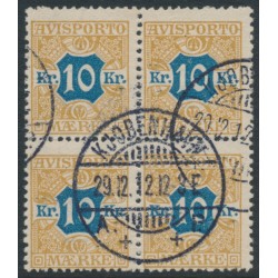 DENMARK - 1907 10Kr brown/blue Newspaper Stamp (Avisporto) block of 4, used – Facit # TI10