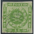 DENMARK - 1858 8Sk green Crown, imperforate, lined background, used – Facit # 8