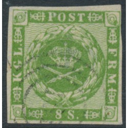 DENMARK - 1858 8Sk green Crown, imperforate, lined background, used – Facit # 8