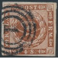 DENMARK - 1860 4Sk dull brown Crown, imperforate, lined background, used – Facit # 7e