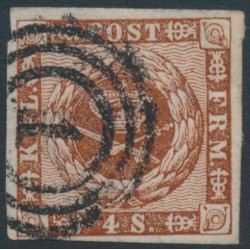 DENMARK - 1860 4Sk dull brown Crown, imperforate, lined background, used – Facit # 7e