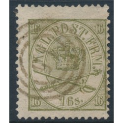 DENMARK - 1864 16Sk greenish olive Crown, perf. 13:12½, used – Facit # 15c