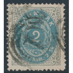 DENMARK - 1871 2Sk greenish blue/light grey Numeral, perf. 14:13½, used – Facit # 20d