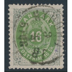 DENMARK - 1871 16Sk emerald-green/grey Numeral, perf. 14:13½, used – Facit # 24a