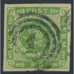 DENMARK - 1857 8Sk yellow-green Crown, dotted background, imperforate, used – Facit # 5a