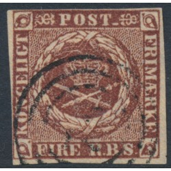 DENMARK - 1852 4 RBS red-brown Crown, imperforate, Thiele I printing, used – Facit # 2II