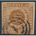 DENMARK - 1854 4RBS yellow-brown Crown, imperforate, Thiele IIB printing, used – Facit # 2IVa