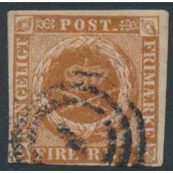 DENMARK - 1854 4RBS yellow-brown Crown, imperforate, Thiele IIB printing, used – Facit # 2IVa