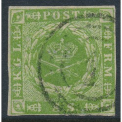 DENMARK - 1857 8Sk yellow-green Crown, dotted background, imperforate, used – Facit # 5a