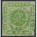 DENMARK - 1857 8Sk yellow-green Crown, dotted background, imperforate, used – Facit # 5a