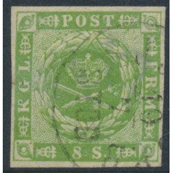 DENMARK - 1857 8Sk yellow-green Crown, dotted background, imperforate, used – Facit # 5a