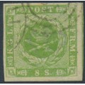 DENMARK - 1857 8Sk yellow-green Crown, dotted background, imperforate, used – Facit # 5a