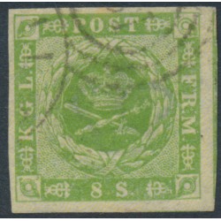 DENMARK - 1857 8Sk yellow-green Crown, dotted background, imperforate, used – Facit # 5a