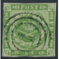 DENMARK - 1858 8Sk green Crown, imperforate, lined background, used – Facit # 8