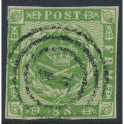 DENMARK - 1858 8Sk green Crown, imperforate, lined background, used – Facit # 8