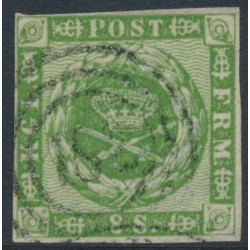 DENMARK - 1858 8Sk green Crown, imperforate, lined background, used – Facit # 8