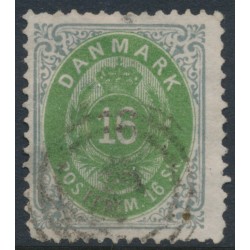 DENMARK - 1871 16Sk emerald-green/grey Numeral, perf. 14:13½, used – Facit # 24a