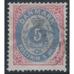 DENMARK - 1879 5øre ultramarine/rose Numeral, perf. 14:13½, used – Facit # 30b