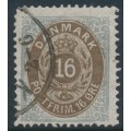 DENMARK - 1875 16øre brown/grey Numeral, perf. 14:13½, inverted watermark, used – Facit # 33dvm