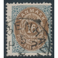 DENMARK - 1875 16øre brown/grey Numeral, perf. 14:13½, inverted watermark, used – Facit # 33evm